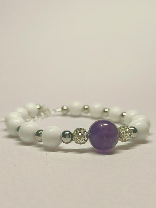 Handcrafted Amethyst + White Artificial Shell Bead, S925 Adjustable Bracelet