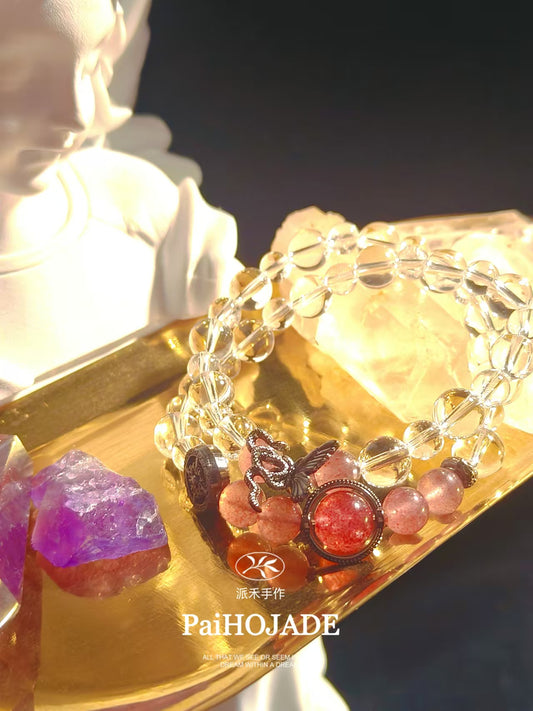 【Red Butterfly】Paiho Handmade Natural Strawberry Quartz White Crystal Accessories Customized Size Adjustable Size